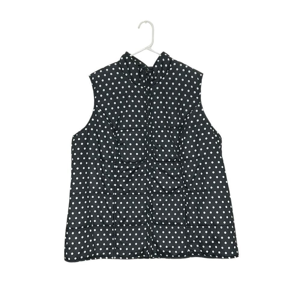 Polka Dot Puffer Vest Full Zip Pockets Black White Size 1X Plus